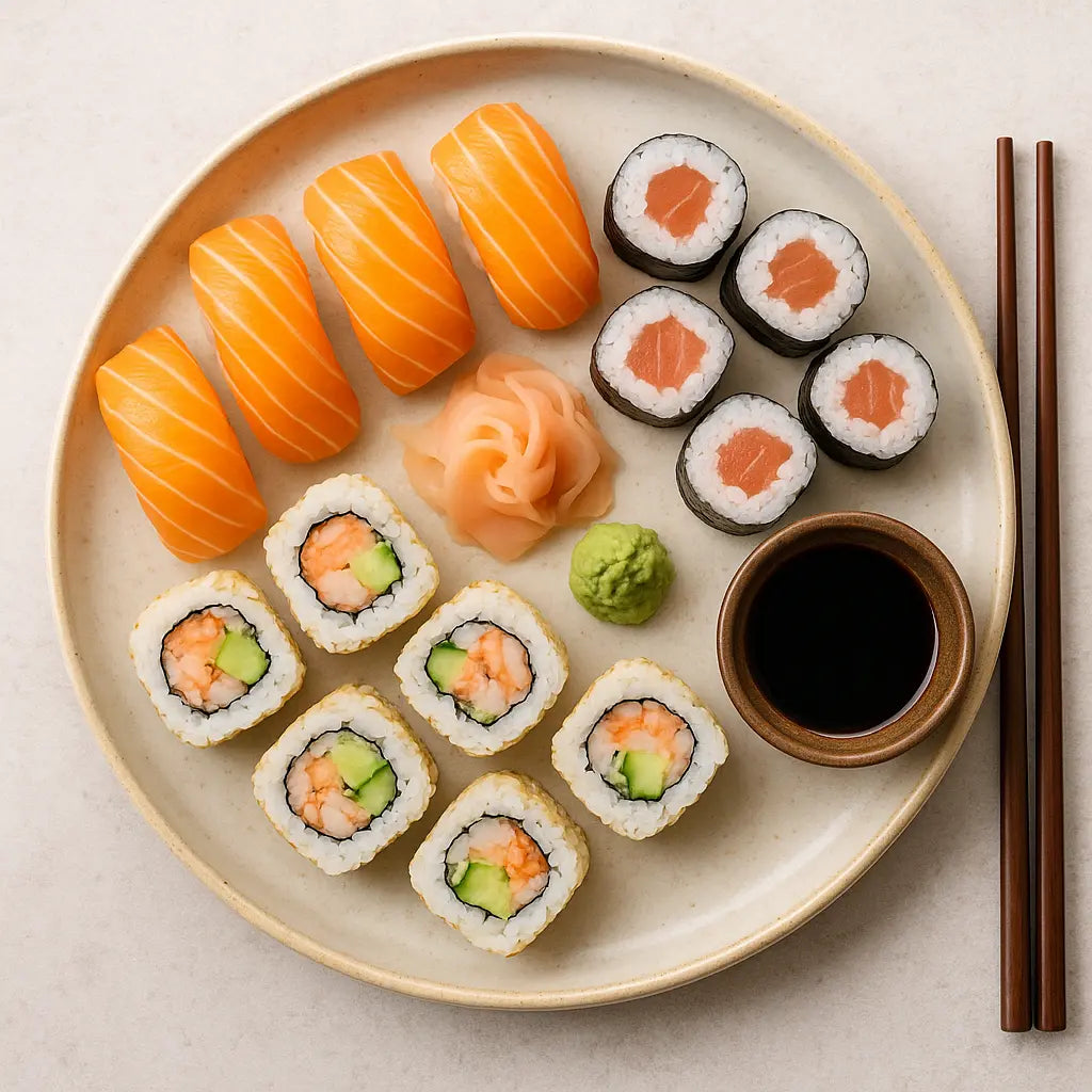 Assorted sushi on a plate with soy sauce, wasabi, and chopsticks.