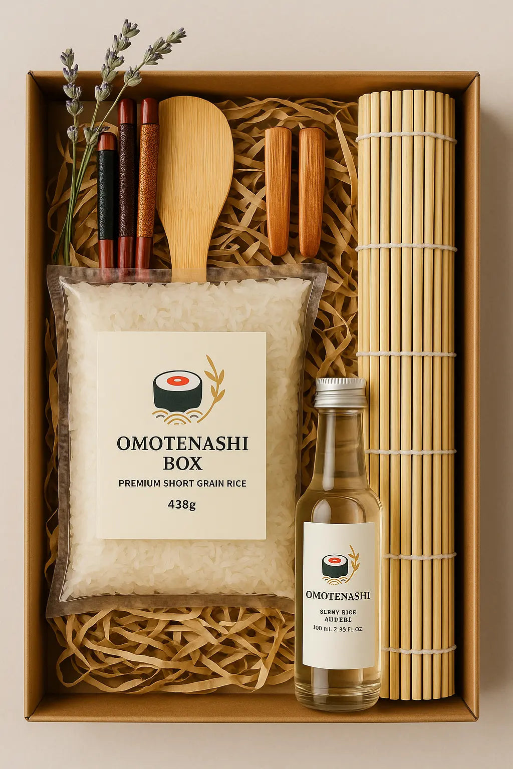 Omotenashi Box with rice, bottle, and utensils on a beige background