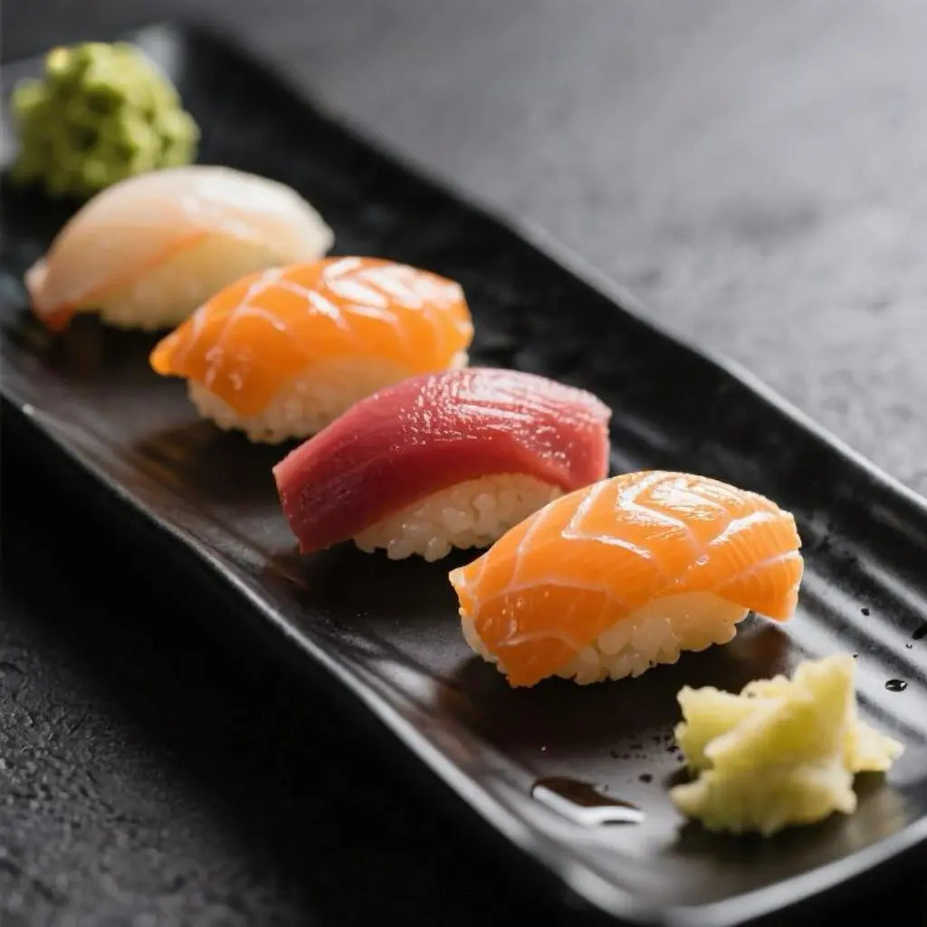 Sushi on a black rectangular plate with wasabi on a dark surface