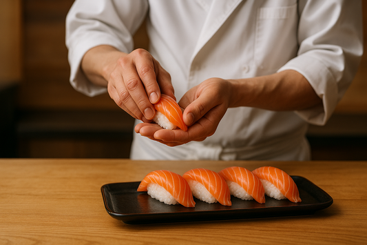 a chef hand finishing making salmon nigiri and a plate on the table with ready made nigiri 
