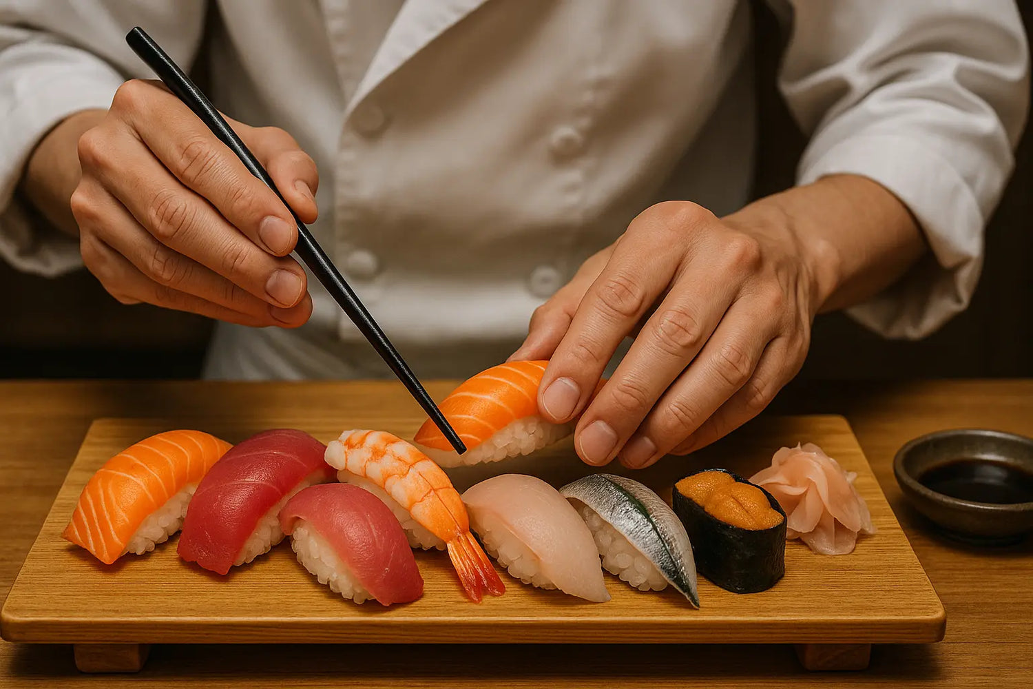 Person holding chopsticks doing plating over a wooden plate of sushi