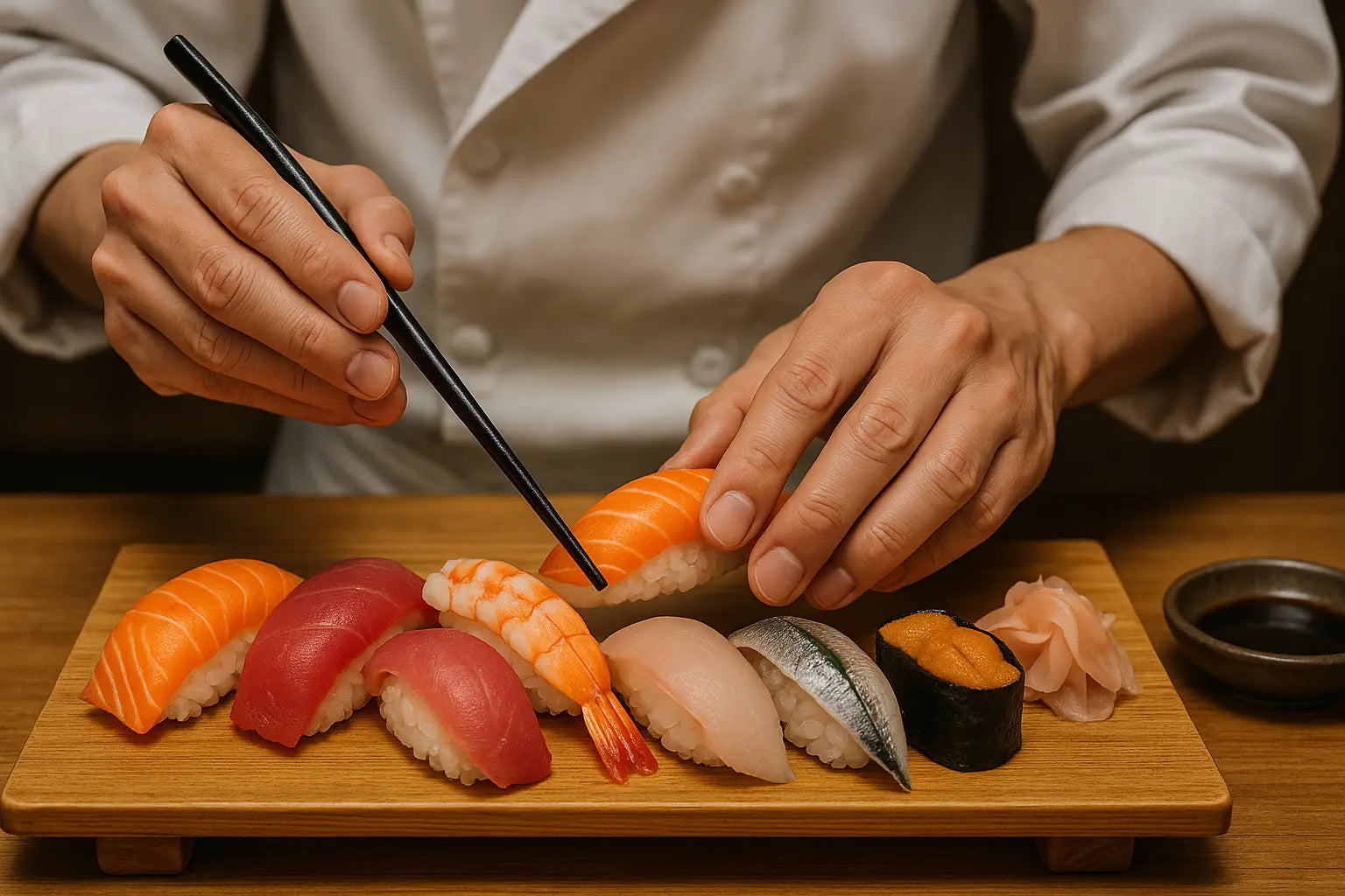Person holding chopsticks doing plating over a wooden plate of sushi