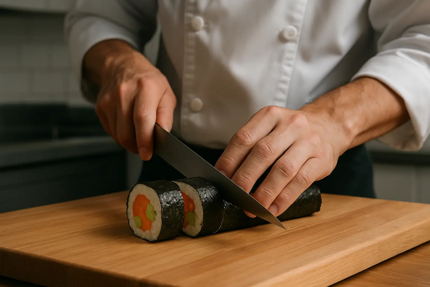 Person cutting sushi on a wooden board with a knife