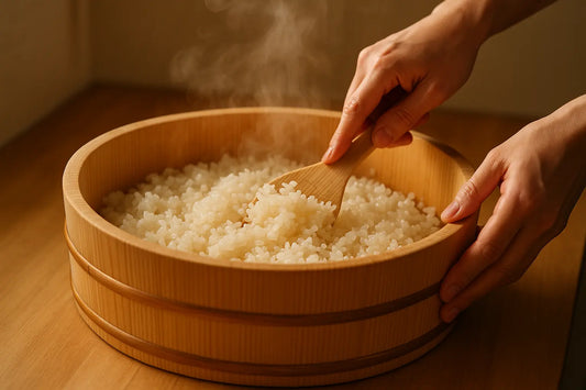 Person stirring steaming rice in a wooden bowl on a wooden surface
